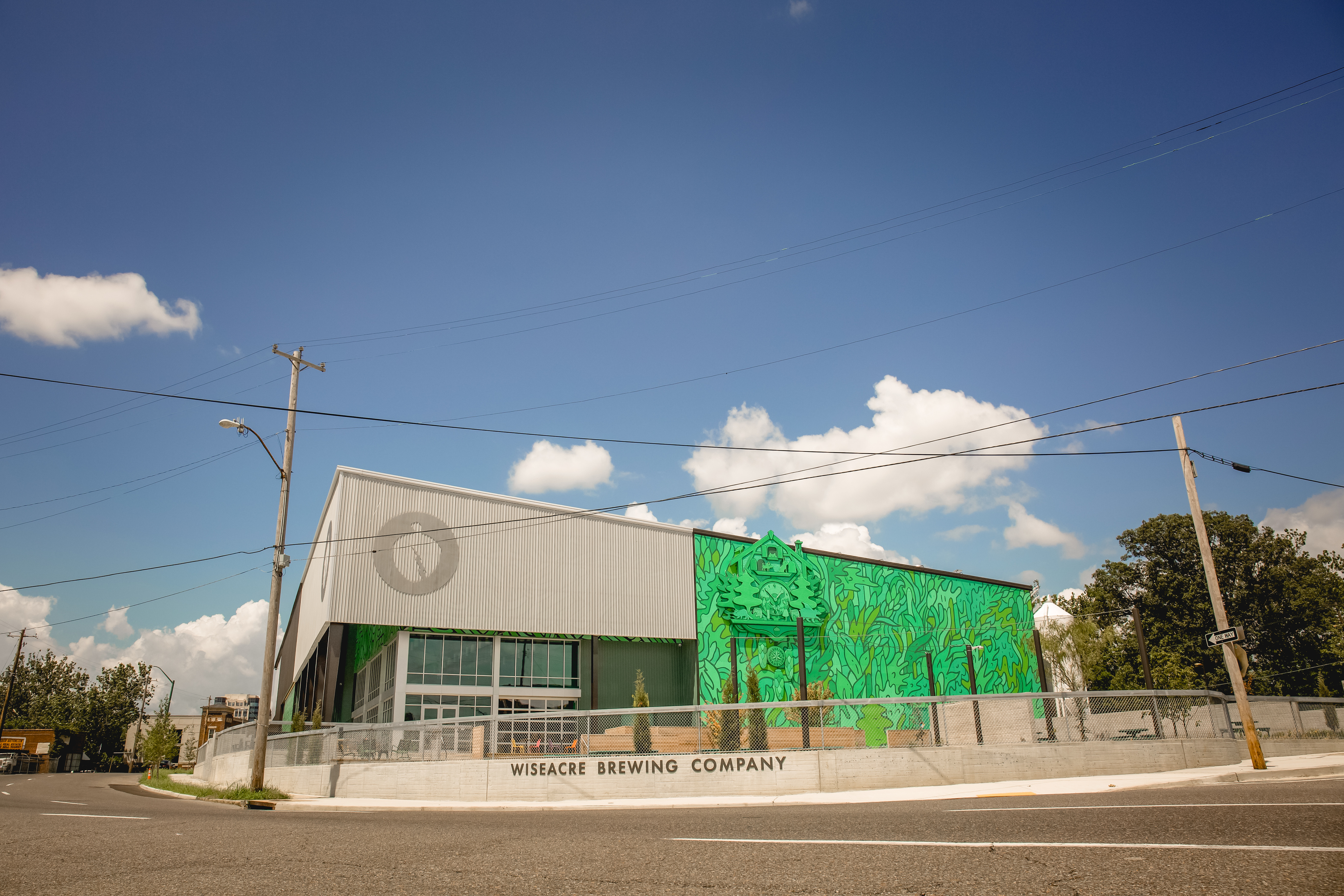 exterior of wiseacre downtown which is a big industrial sized building with green patterns decorating side
