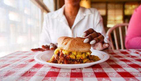 A close-up shot of a pulled pork sandwich at Payne's Bar-B-Q in Memphis