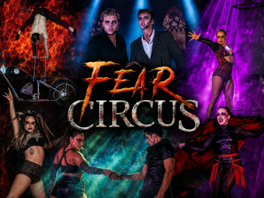 Fear Circus promotional artwork featuring aerialists, acrobats and horror-themed performers surrounded by fire, smoke and dramatic red, blue and purple lighting.