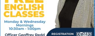 Latina Woman With A black and white striped blazer smiling into the camera, Hopeworks, Adult Enligsh as a 2nd Language, Free English Classes written on the poster