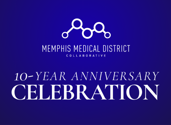 Memphis Medical District Collaborative 10-Year Anniversary Celebration event graphic on a blue background