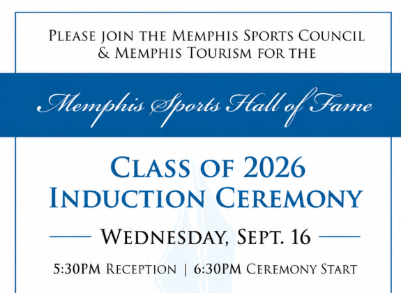 Memphis Sports Hall of Fame Class of 2026 Induction Ceremony invitation with September 16 date, 5:30 PM reception and 6:30 PM ceremony start