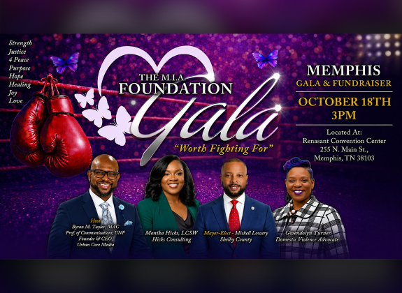 The M.I.A. Foundation “Worth Fighting For” Gala & Fundraiser graphic featuring four event speakers, boxing gloves and butterflies at the Renasant Convention Center.