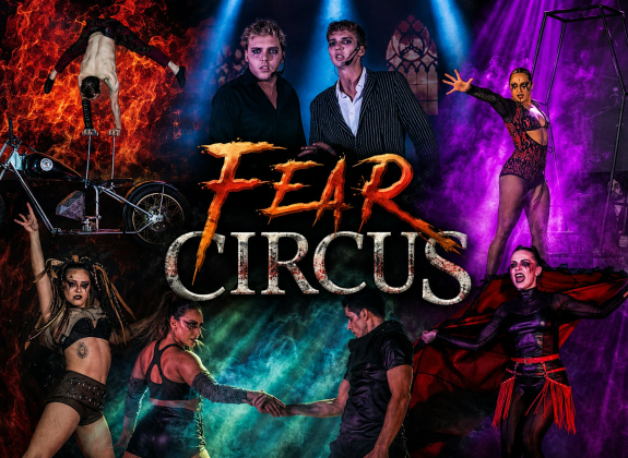 Fear Circus promotional artwork featuring aerialists, acrobats and horror-themed performers surrounded by fire, smoke and dramatic red, blue and purple lighting.